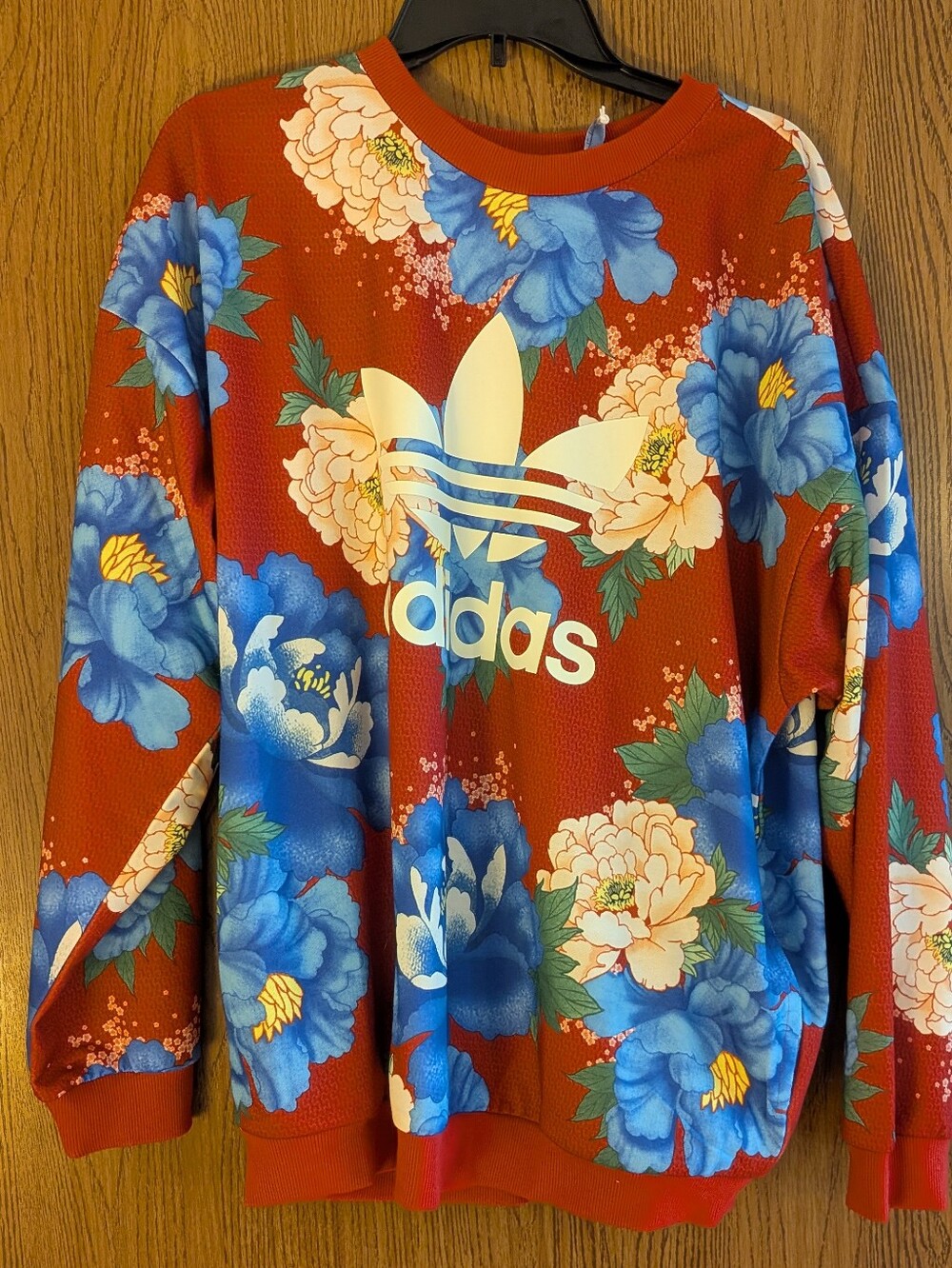 Adidas X Farm Rio Collab Red Crewneck with Blue & Cream Floral Print